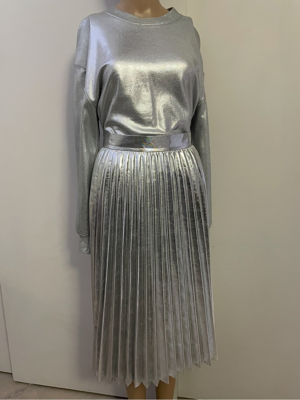 Metallic Silver Pleated Midi Skirt